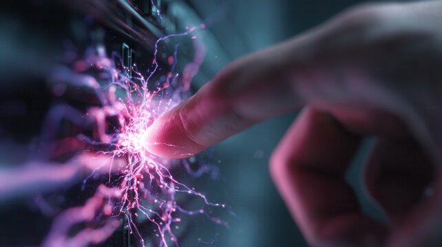 Hand pointing digital glowing target activating innovation concept data network future security interface connection