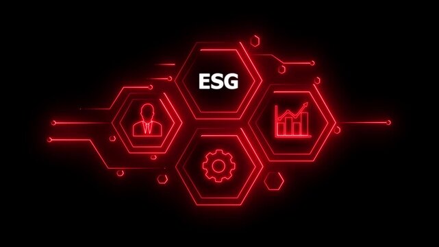 Abstract neon Hud knowledge ability business gear icon Glowing neon line concept. Glowing " ESG " button in German on a futuristic, abstract wave technology on black background. 4K animation video