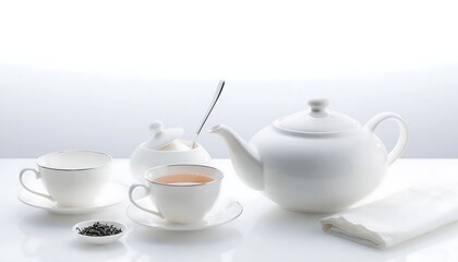 Fototapeta premium ElegantTeaSetWithWhiteTeapotAndCups.