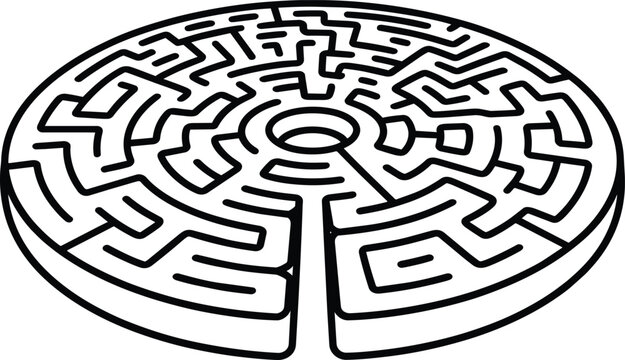 Circular 3D labyrinth maze puzzle game perspective line art drawing for children activity books and adult coloring page worksheets and round kids