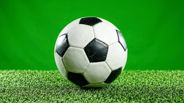 Classic soccer ball on green grass pitch for sports competition and athletic training equipment concept