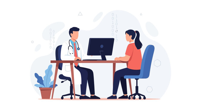 Doctor and patient consulting in a modern clinic office with digital elements