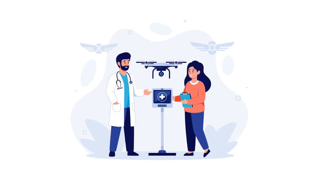 Doctor and patient interact with medical drone technology for healthcare delivery and diagnostics
