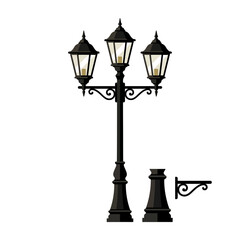 A classic black triple street lamp stands on white background © bila