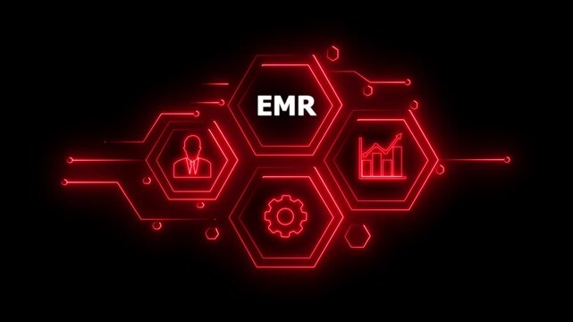 Abstract neon Hud knowledge ability business gear icon Glowing neon line concept. Glowing " EMR " button in German on a futuristic, abstract wave technology on black background. 4K animation video