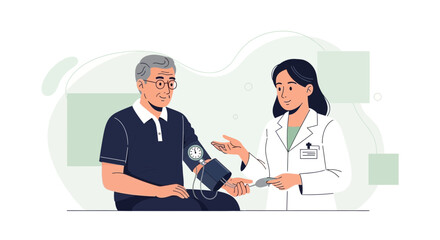 Fototapeta premium Doctor checks senior man's blood pressure, promoting health and medical care illustration