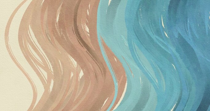 Abstract coastal background with vertical wavy brush strokes in ocean blue and sandy beige tones on textured paper