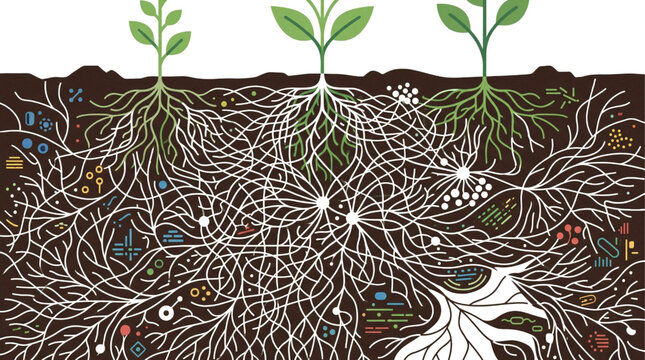 Detailed illustration of plant roots and underground network connections.
