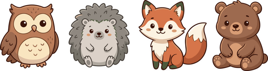 Adorable forest wildlife collection with funny cartoon animal icons including sitting bear cub sweet fox hedgehog and friendly owl © Sumaiya Akter Sweety