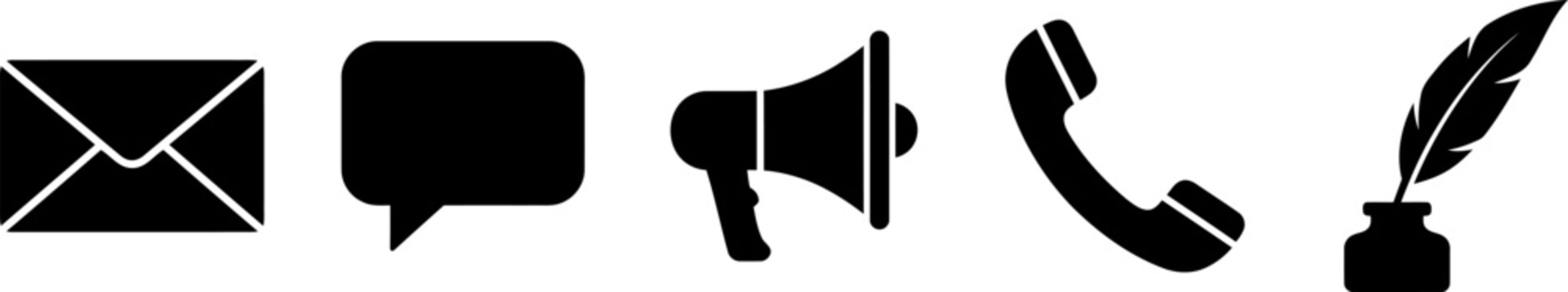 Set of communication icons representing various contact methods and writing instruments.