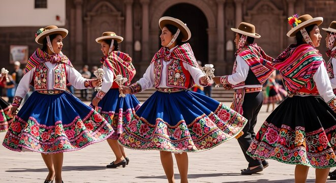 Traditional Peruvian dancers performing in colorful folklore costumes in Cusco plaza.