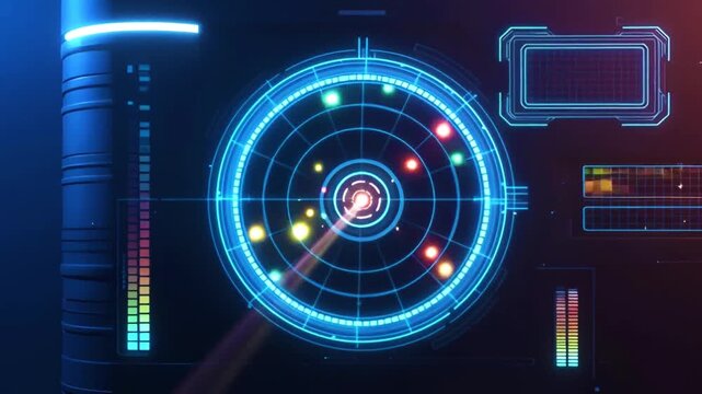 Animation sci-fi of a radar system interface detecting multiple targets in a futuristic style.