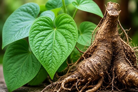 Close-up of a kava plant's heart-shaped leaves and textured root.
