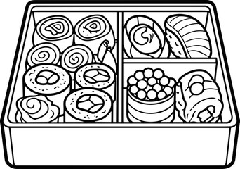 Bento Box with Sushi and Maki Rolls - Black and White Line Art © Sugar