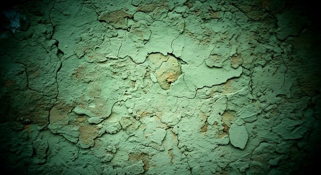 Close-up of weathered green moss covered stone wall surface.