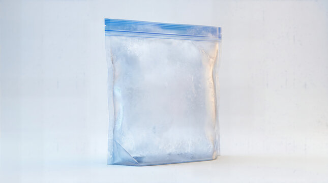 Frozen food bag standing upright, frosted with ice crystals close up
