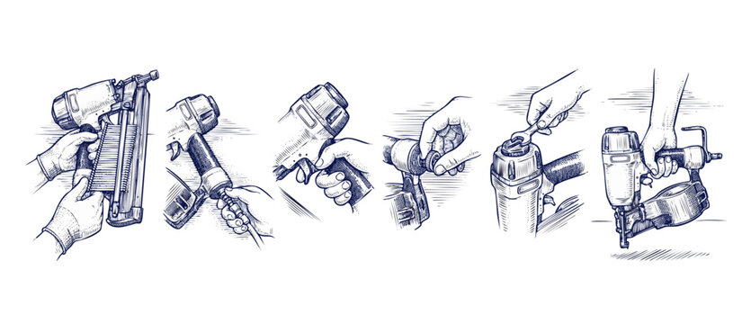 Nail gun carpentry maintenance steps showing hand loading brad nails, adjusting air compressor fittings, and repairing power tools in sketch style vector illustration set for DIY woodworking manuals.