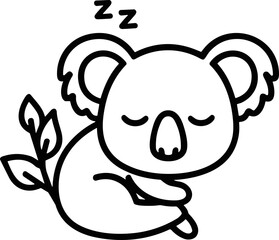 Cute koala sleeping on eucalyptus branch, simple line art, black and white illustration © dinny