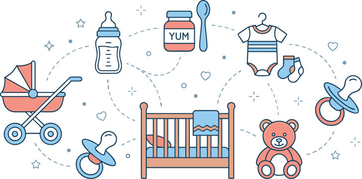 Cute baby nursery and newborn care concept banner with line icons featuring crib stroller teddy bear clothing and bottle vector illustration