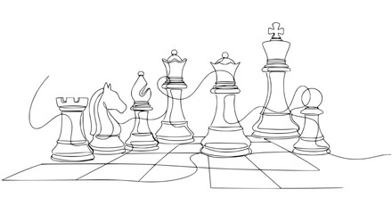 Continuous Line Drawing of Chess Pieces on Board, Strategy Game Concept © Wachidatun