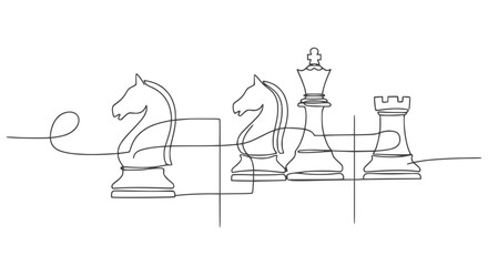 Continuous Line Drawing of Chess Pieces: Knight, King, Rook - Strategy Concept © Wachidatun