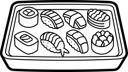 Assortment of Sushi and Rolls in a Bento Box - Line Art Illustration © Sugar