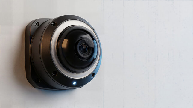 Matte black dome security camera mounted on a white wall, close up