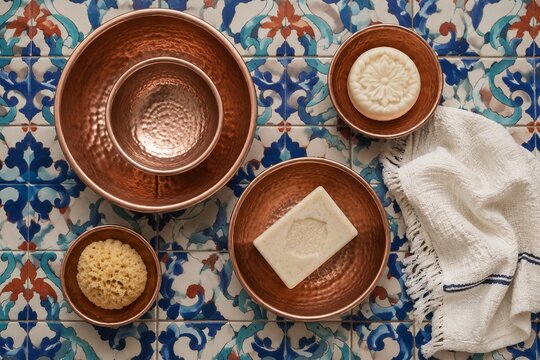 Copper bowls and soap arranged on a colorful tiled surface.