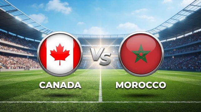 Canada vs morocco football match graphic with national flags on stadium background