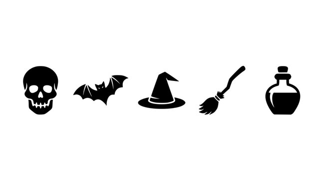 Halloween Icons arranged in a row with a skull bat witch hat broom potion