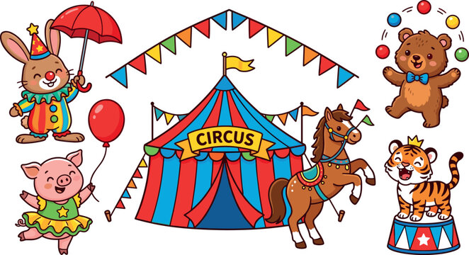Cute cartoon circus animals vector collection set featuring big top tent clown rabbit juggling bear acrobat horse tiger and pig flat illustration