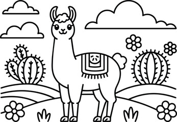 Cute llama coloring page for kids, cartoon alpaca line art with cactus and clouds in desert landscape, children activity book and animal and sheet © Pappu0099