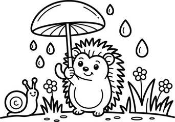 Hedgehog holding an umbrella in the rain coloring book page for children, cute illustration with a snail and garden flowers and cartoon spring © Pappu0099