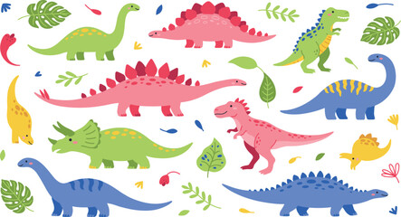 Cute cartoon colorful dinosaurs vector characters set featuring tyrannosaurus rex triceratops stegosaurus and brachiosaurus with tropical jungle leaves isolated on white background © Sumaiya Akter Sweety