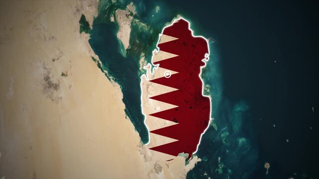 Qatar map with national flag overlay on satellite terrain background animation.