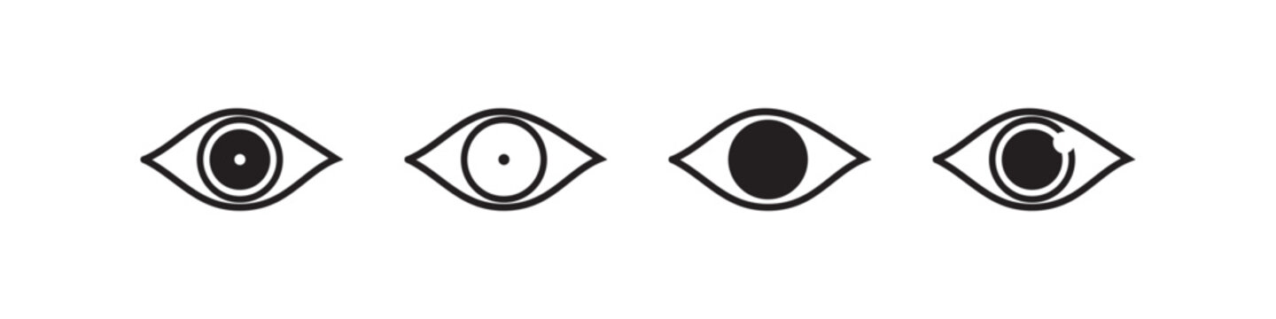 Eye icon in flat line set. Eyesight symbol vector for apps or website. Retina, cornea scan eye icons. Simple eyes silhouette see view vision sight look sign isolated on white background
