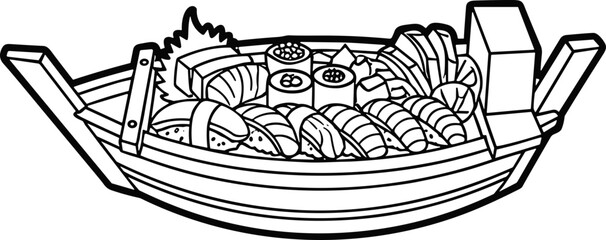 Line Art Sushi Boat Platter with Assorted Nigiri and Maki Rolls © Sugar