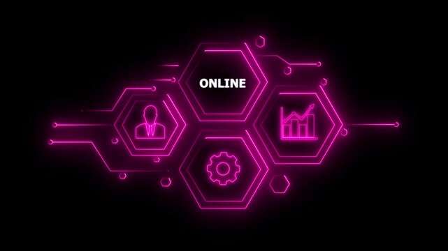 Abstract neon Hud knowledge ability business gear icon Glowing neon line concept. Glowing " ONLINE" button in German on a futuristic, abstract wave technology on black background. 4K