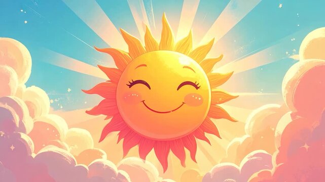 Cartoon sun smiles above clouds in a bright blue sky