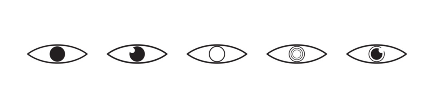Eye icon in flat line set. Eyesight symbol vector for apps or website. Retina, cornea scan eye icons. Simple eyes silhouette see view vision sight look sign isolated on white background