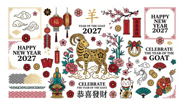 2027 chinese new year collection featuring year of the goat elements and traditional decorations lanterns celebration traditional illustration ornament elements envelope beckoning