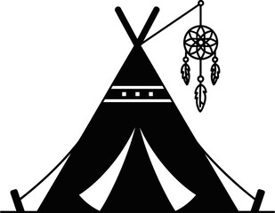 Black silhouette of a teepee with a dreamcatcher hanging above, isolated on white background. © dinny