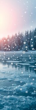 Snowflakes gently falling on frozen lake surface, ice, serene