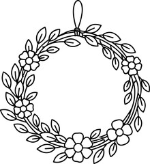 Fototapeta premium Hand-drawn floral wreath with leaves and flowers, decorative circle, black and white outline