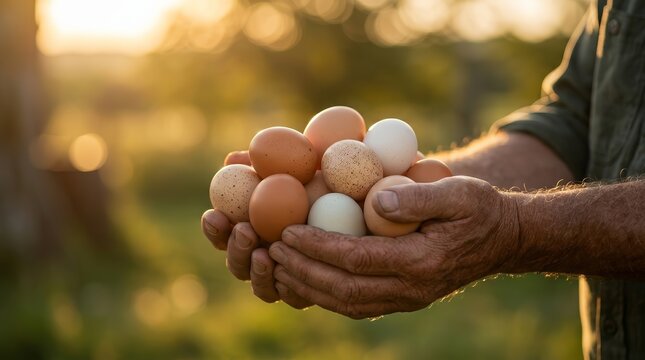 Fresh organic chicken eggs held by the hands of a senior male farmer on a rural farm.