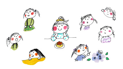 おやつやアジサイと可愛い女の子の様々な表情手描き鉛筆水彩イラストセット
 Cute girl with sweets and hydrangeas various expressions hand-drawn pencil watercolor illustration set