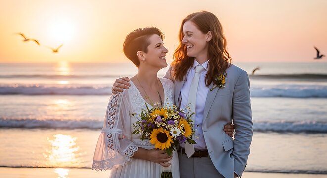 Smiling Wedding Couple Embracing with Sunflower Bouquet on Ocean Beach at Sunset