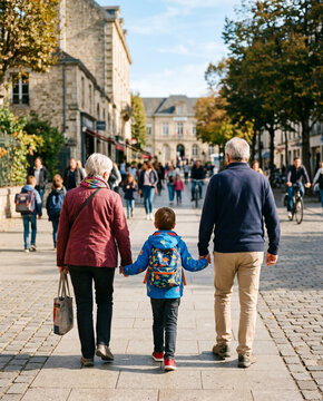 enfant avec ses grands parents pour aller &agrave; l'&eacute;cole