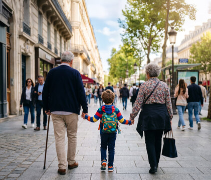 enfant avec ses grands parents pour aller &agrave; l'&eacute;cole