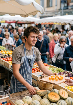 d&eacute;gustation de melon sur un march&eacute;